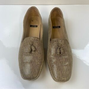 Vintage Stuart Weitzman Loafer Flats Tan Beige Gold Tassel Shiny Leather AA 8.5